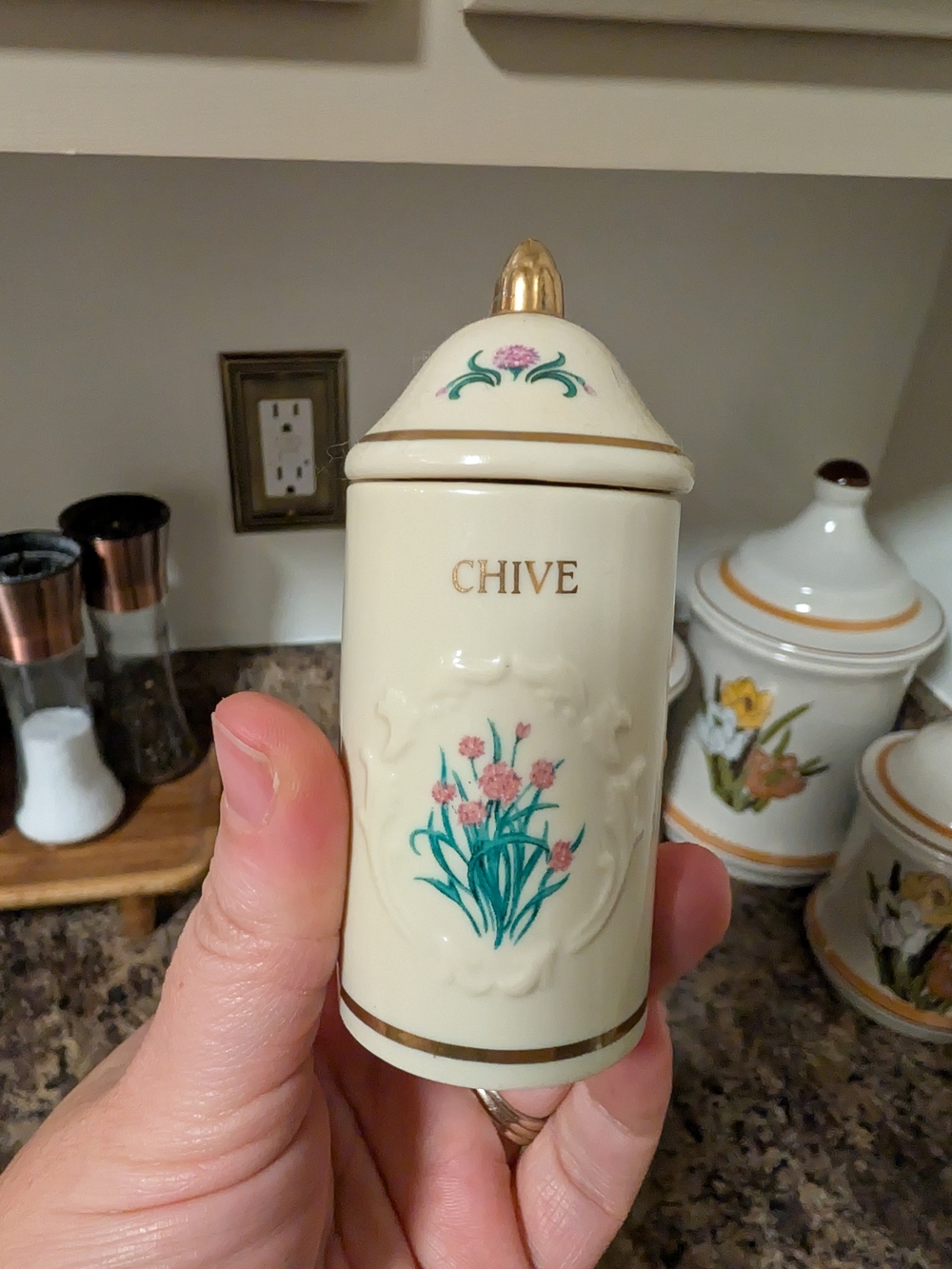 Cream Ceramic Chive Spice Jar with Floral Accent Lenox Spice Garden